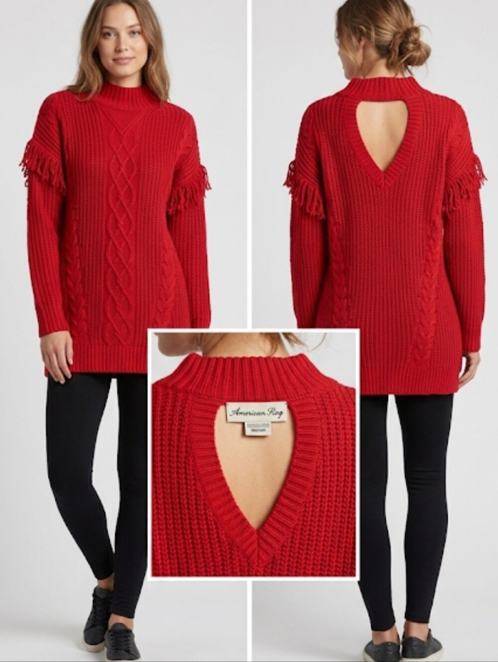 American Rag Red Cable-Knit Fringe Mock Neck Sweater Women's Medium